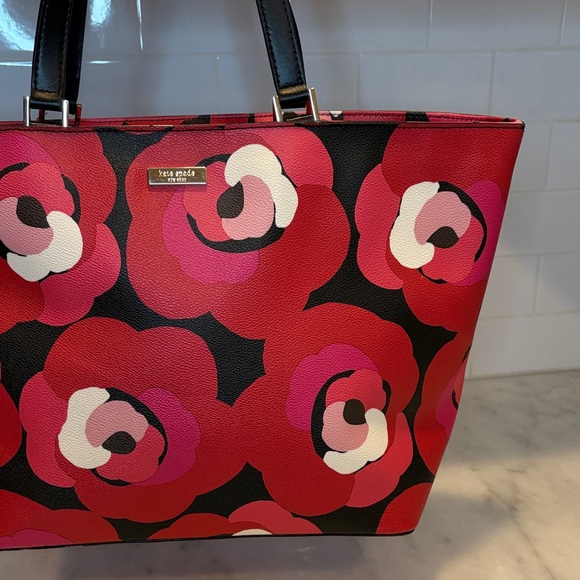 Kate Spade Bag Purse Handbag Leather Ellison Ave Sydney Floral Red XL Tote Bag - Picture 3 of 16